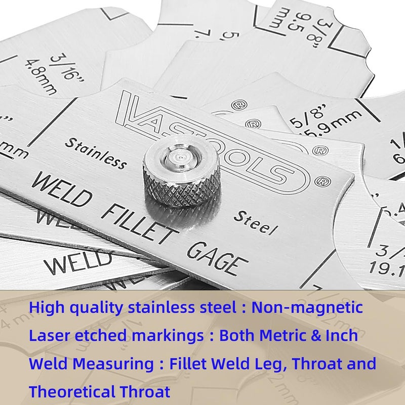 VASTOOLS Fillet Weld Gauge,Stainless Steel 3.2mm-25.4mm 1/8''-1'',Permanently Etched Markings and Thickness for Professional Welders - Image 2